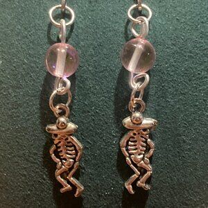 Dios De Los Muertos Dancing Skeleton and Pink Glass Earrings